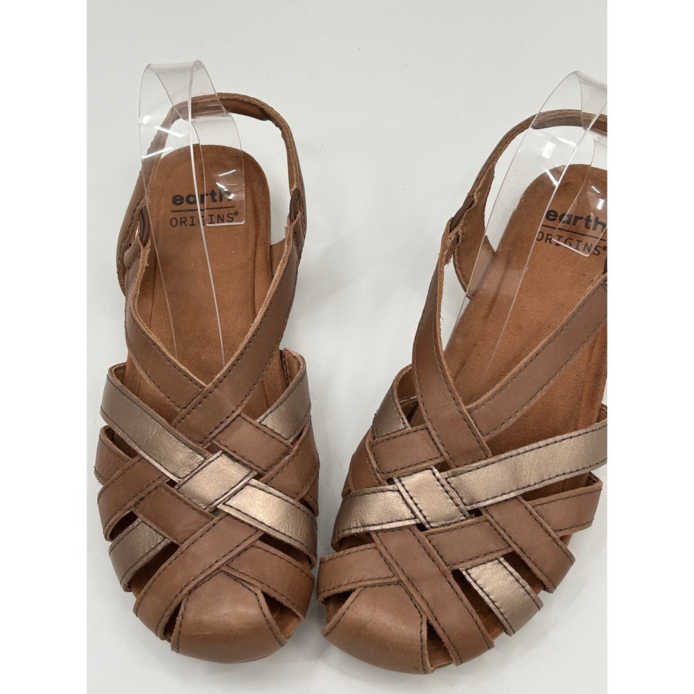 Earth Origins Leather Woven Slingback Sandals Brown Bronze Comfort Shoes - Picture 3 of 9